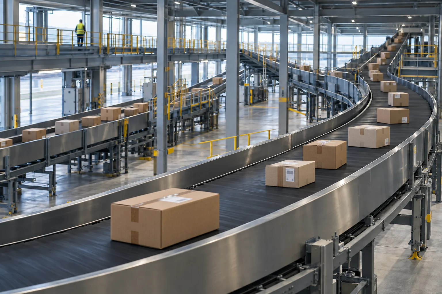 Illustratives automatisiertes Paketzentrum mit Versandkartons auf Förderbändern